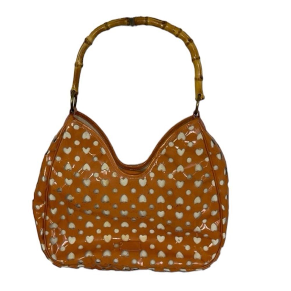 Moschino Cheap and Chic Cut Out Bamboo Handle Apricot Vinyl Shoulder Handbag
